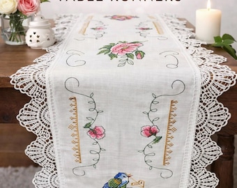 Vintage Lace Table Runner: Floral Bird Cross Stitch Embroidery
