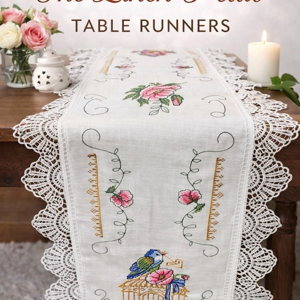 Vintage Lace Table Runner: Floral Bird Cross Stitch Embroidery