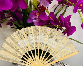AMT Handmade Cotton Victorian Lace Hand Fan for Wedding Party Favor, Bridal Party Gift or Bridesmaid Gift - Gold