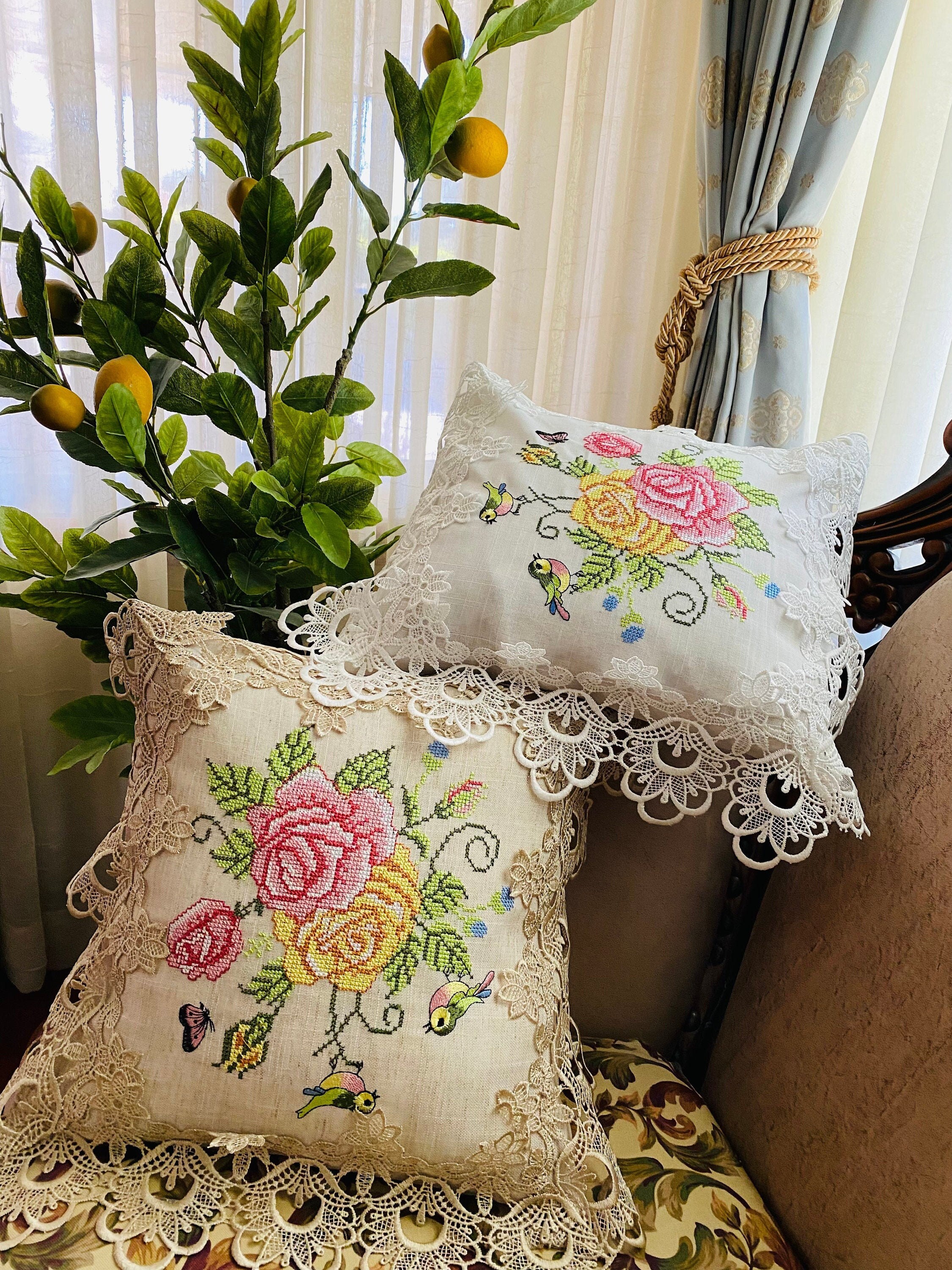 Floral embroidered throw pillows sale