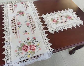 A&MT Vintage Venice Lace with Pink Floral Rose Embroidered Cut work Linen Table Runner, Dresser Scarf, Table Topper - Beige/White