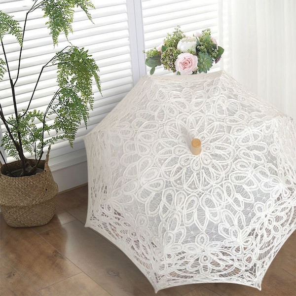 Elevate your special day with the exquisite Hand-Crafted Cotton Victorian Lace Embroidery Wedding Decoration Umbrella Bridal Parasol ,White