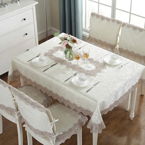 Vintage Lace Tablecloth: Beige Satin with Floral Embroidery
