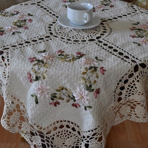 A&MT Handmade Cotton Crochet with Embroidered hygy HHtyyyyyggtttt Floral Ribbon Linen Table Topper - Beige(34&quot; x 34&quot; Square and Round)h bb h