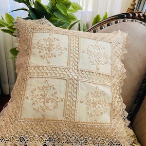 AMT Floral Embroidered with Vintage Venice Lace Decorative Throw Pillow/Cushion Cover: 16&quot;x16&quot; Beige/White