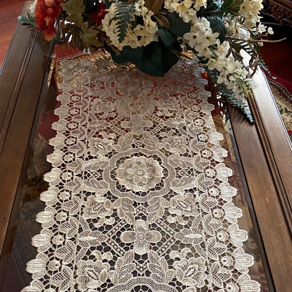 AMT Elegant Vintage Lace Floral Embroidered Linen Table Runner, Dresser Scarf, Place Mat - Beige