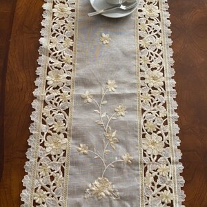 Embroidered Linen Table Runner: Beige Cutwork with Golden Thread (16 x 52" Ob.)