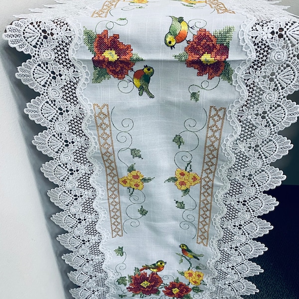 Vintage Lace Table Runner: Cross Stitch Spring Rose & Bird Embroidery