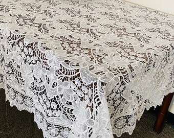 AMT Elegant Brand New European Royalty Style Tablecloths With Vintage Lace  and Luxurious Embroidery  -White