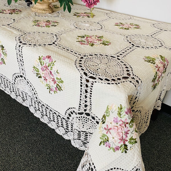 Handmade Cotton Crochet Tablecloth Featuring Attractive Floral Ribbon Embroidery, Beige