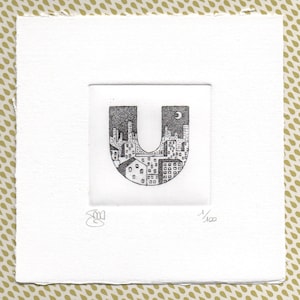 Alfabeto - Lettera U "Urbano" - Stampa d’arte, disegno, miniatura. Incisione ad acquaforte e acquatinta stampata e acquerellata a mano