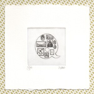 Alfabeto - Lettera Q  "Quadri"  - Stampa d’arte, disegno, miniatura. Incisione ad acquaforte e acquatinta stampata e acquerellata a mano