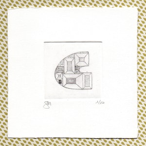 Alfabeto - Lettera C  "Cornici"  - Stampa artistica, disegno, miniatura. Incisione ad acquaforte e acquatinta stampata e acquerellata a mano