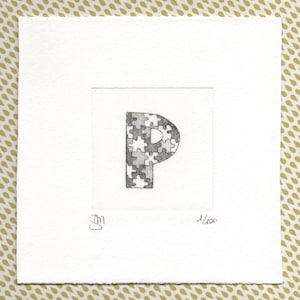 Alfabeto - Lettera P  "Puzzle"  - Stampa d’arte, disegno, miniatura. Incisione ad acquaforte e acquatinta stampata e acquerellata a mano