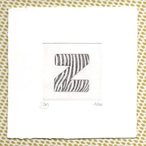Alfabeto - Lettera Z "Zebra" - Stampa d’arte, disegno, miniatura. Incisione ad acquaforte e acquatinta stampata e acquerellata a mano