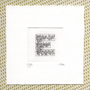 Alfabeto - Lettera E  "Edera"  - Stampa artistica, disegno, miniatura. Incisione ad acquaforte e acquatinta stampata e acquerellata a mano