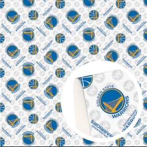 May include: A white fabric with a repeating pattern of the Golden State Warriors logo. The logo is blue, yellow, and white. The fabric is available in two sizes: 19.7 x 57.1 inches and 19.7 x 53.1 inches.