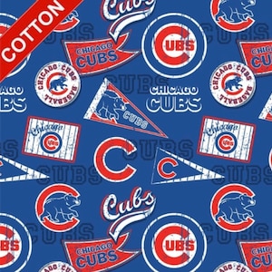 May include: A blue fabric with a repeating pattern of red, white, and blue Chicago Cubs logos. The logos include the team's name, a baseball, a bear, and the letter "C".