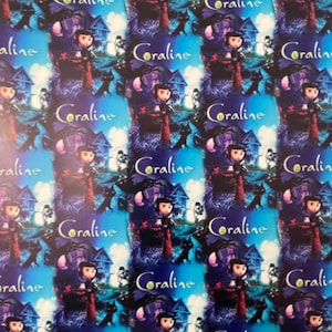 May include: A repeating pattern fabric featuring the character Coraline from the movie Coraline. The fabric is a dark blue background with a light blue sky and a house in the background. The character Coraline is wearing a red dress and a yellow button.