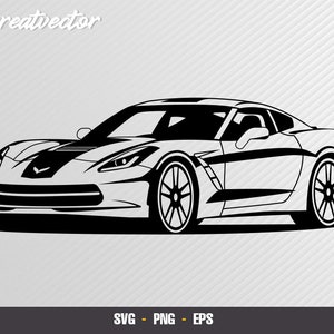 May include: Black and white silhouette of a sports car with a black stripe down the bonnet. The car has a sleek design with a low profile and large wheels.
