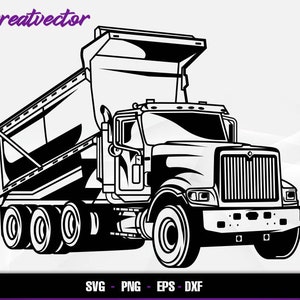 Puede incluir: Ilustración en blanco y negro de un camión de volteo. El camión tiene una caja levantada y está de frente al espectador. El camión tiene una parrilla grande y faros. El camión está sobre un fondo blanco.