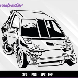 May include: Black and white vector illustration of a wrecked car. The car is heavily damaged, with crumpled metal and broken windows. The image includes the text "Greatvector" in purple script and file type options: SVG, PNG, EPS, and DXF.