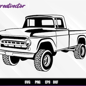 以下が含まれることがあります： ヴィンテージピックアップトラックの白黒線画イラスト。トラックは大きなグリル、シングルキャブ、フラットベッドを備えています。