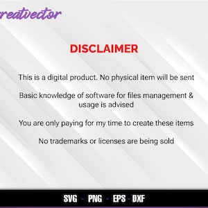 Pode incluir: Um fundo branco com um aviso de isen&ccedil;&atilde;o de responsabilidade sobre um produto digital. O texto diz: "Este &eacute; um produto digital. Nenhum item f&iacute;sico ser&aacute; enviado. &Eacute; aconselh&aacute;vel um conhecimento b&aacute;sico de software para gerenciamento de arquivos e uso. Voc&ecirc; est&aacute; pagando apenas pelo meu tempo para criar esses itens. Nenhuma marca registrada ou licen&ccedil;a est&aacute; sendo vendida. SVG - PNG - EPS - DXF"