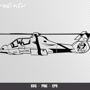 Puede incluir: Silueta en blanco y negro de un helicóptero con un patrón de camuflaje. El helicóptero tiene una gran pala de rotor y un pequeño rotor de cola.