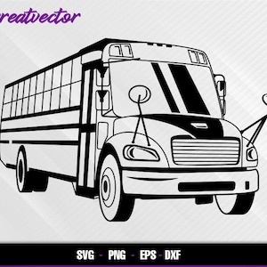 Puede incluir: Ilustración en blanco y negro de un autobús escolar con dos rayas negras en el parabrisas delantero. El autobús tiene una gran parrilla delantera y una ventana rectangular en el lateral.