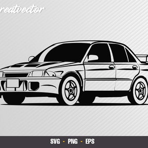 Puede incluir: Ilustración vectorial en blanco y negro de un coche sedán. El coche tiene un alerón, una toma de aire en el capó y llantas personalizadas. El texto "Greatvector" está en la esquina superior izquierda. En la parte inferior, "SVG - PNG - EPS".