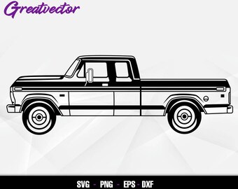 Puede incluir: Silueta en blanco y negro de una camioneta vintage. La camioneta tiene una caja larga y una cabina simple. La camioneta está orientada hacia la derecha.