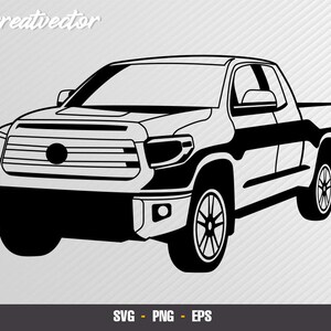 May include: Black and white silhouette of a pickup truck. The truck has a large grille with horizontal bars and a prominent hood. The truck has a large bed in the back and four wheels.