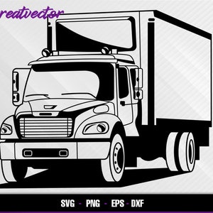 May include: Black and white illustration of a semi-truck. The truck has a large cargo container, headlights, and a detailed front grill. The image includes the text "Greatvector" in purple and "SVG - PNG - EPS - DXF" in black.