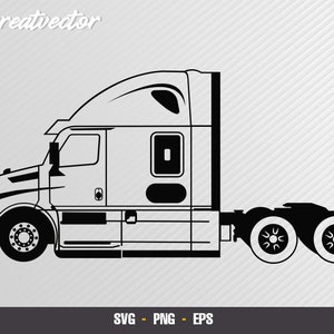 Puede incluir: Silueta en blanco y negro de un camión de plataforma con cabina dormitorio. El camión tiene una cabina grande y un remolque largo.