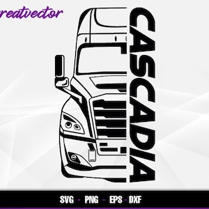 Puede incluir: Silueta en blanco y negro de un camión de plataforma con la palabra "CASCADIA" escrita verticalmente a un lado.