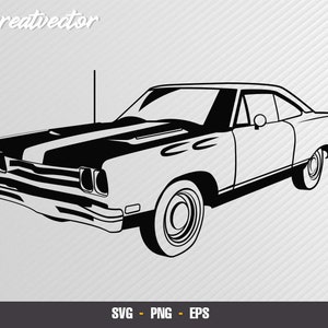 May include: Black and white silhouette of a classic muscle car with a black stripe down the hood. The car has a large front grille and a long, sleek body.