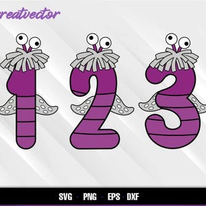 Puede incluir: Números morados 1, 2 y 3 con características de monstruos de dibujos animados. Cada número tiene ojos saltones, un volante gris y apéndices en forma de tentáculos. La palabra "Greatvector" está en la parte superior.