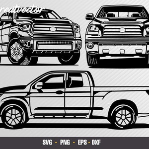 Puede incluir: Silueta en blanco y negro de una camioneta pick-up. La camioneta se muestra desde la vista frontal y lateral. La camioneta tiene una parrilla grande y una cama larga.