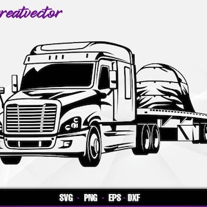 Puede incluir: Ilustración en blanco y negro de un camión de plataforma con un remolque de plataforma. El camión está transportando un objeto grande y redondo cubierto con una lona.