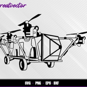 May include: Black and white illustration of a futuristic drone with multiple propellers and a large cargo container. The drone has a detailed design with intricate lines and shapes.
