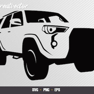 Puede incluir: Ilustración vectorial en blanco y negro de un SUV. El vehículo se muestra de perfil, destacando su diseño robusto con neumáticos grandes y una parrilla frontal prominente. Incluye el texto "Greatvector" e información del tipo de archivo.