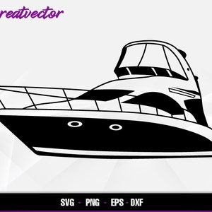 Puede incluir: Silueta en blanco y negro de un gran barco a motor con una proa puntiaguda y una cabina con un techo solar. El barco tiene dos ojos de buey a cada lado.