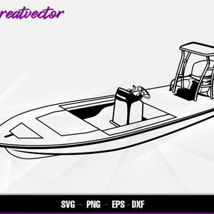 May include: A black and white line drawing of a flat-bottom boat with a T-top. The boat has a steering wheel, a console, and a seat.