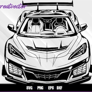 May include: Black and white vector illustration of a sports car, viewed from the front. The car features a spoiler, detailed headlights, and a prominent front grille. The image includes the text "Greatvector" and file type options: SVG, PNG, EPS, and DXF.