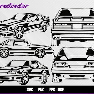 May include: Four black and white silhouette illustrations of a classic American muscle car. The car is shown from the front, side, and rear views.