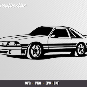 May include: Black and white vector illustration of a classic sports car. The car features a sleek, low profile with detailed wheels and a spoiler. The image includes the text "Greatvector" and file type options: SVG, PNG, EPS, and DXF.