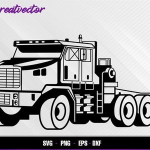 Puede incluir: Silueta en blanco y negro de un camión grande y pesado con un remolque de plataforma. El camión tiene una cabina grande y rectangular con un parabrisas único y una parrilla grande y rectangular. El camión tiene cuatro ruedas grandes y un solo eje. El remolque está vacío y tiene una plataforma.