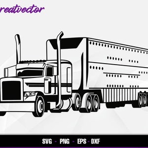 May include: Black and white silhouette of a semi-truck with a trailer. The truck has a large cab with a long bonnet and a large grille. The trailer is a flatbed trailer with a large rectangular box on top.