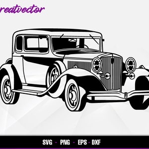 Puede incluir: Silueta en blanco y negro de un coche antiguo con carrocería redondeada, una gran parrilla y cuatro ruedas. El coche tiene un diseño clásico con un capó redondeado y una carrocería larga y fluida.